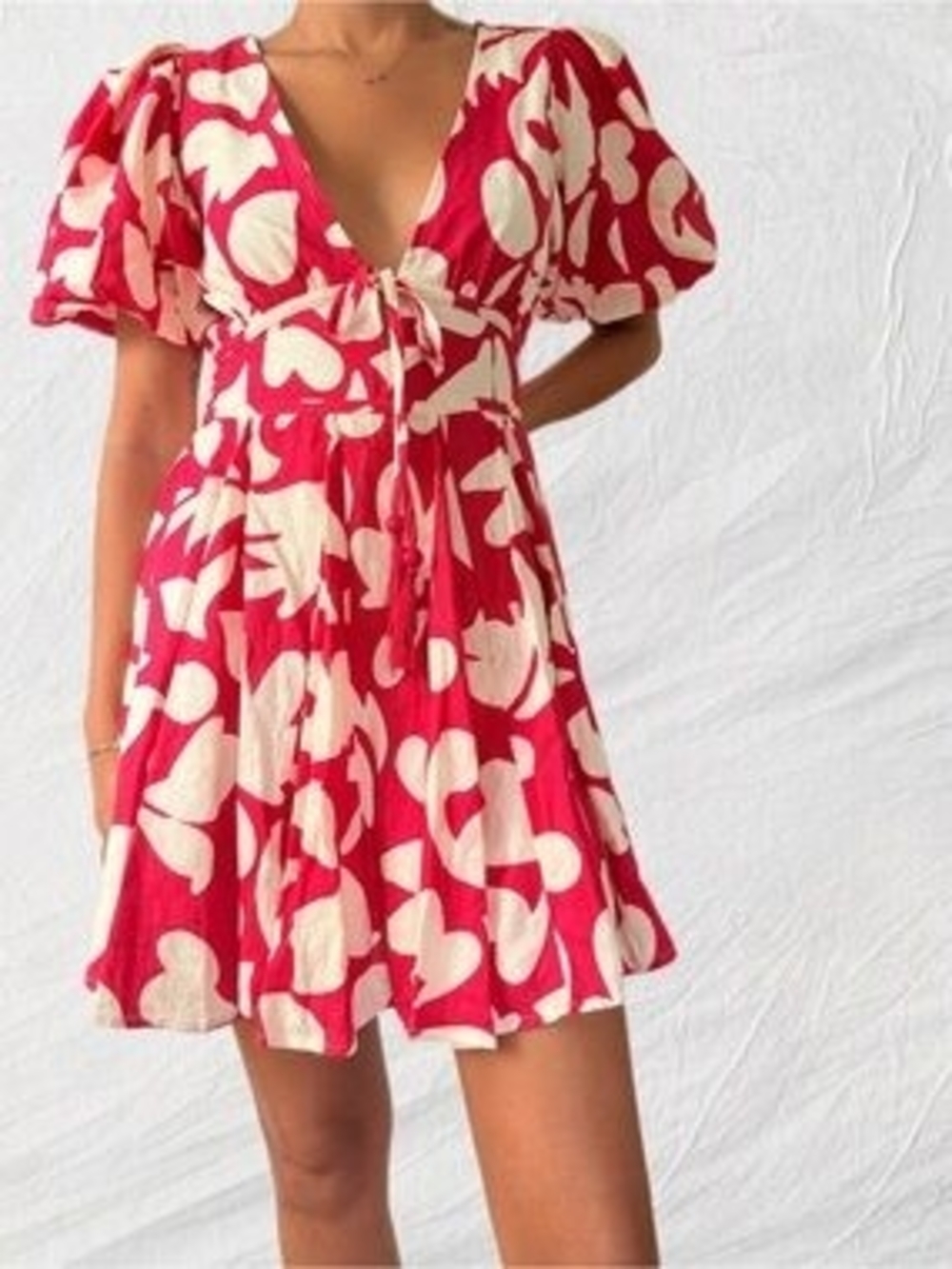 House of Harlow 1960 Hot Pink & White Abstract Print Mini Dress Balloon Sleeves
